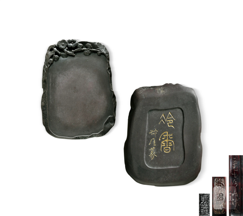 清 钱瘦铁赠王一平梅花砚 配钱瘦铁画梅、徐孝穆刻紫檀砚盒